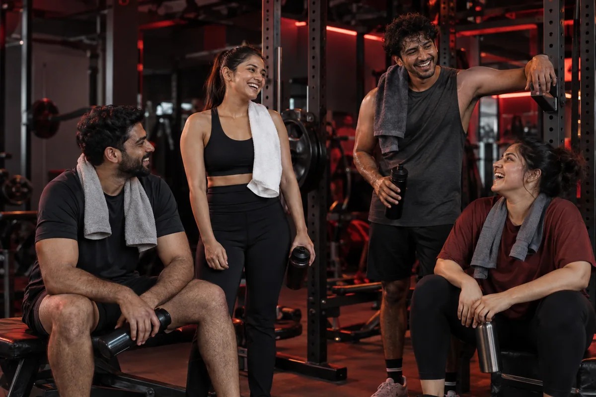 Indian gym members talking after a training session