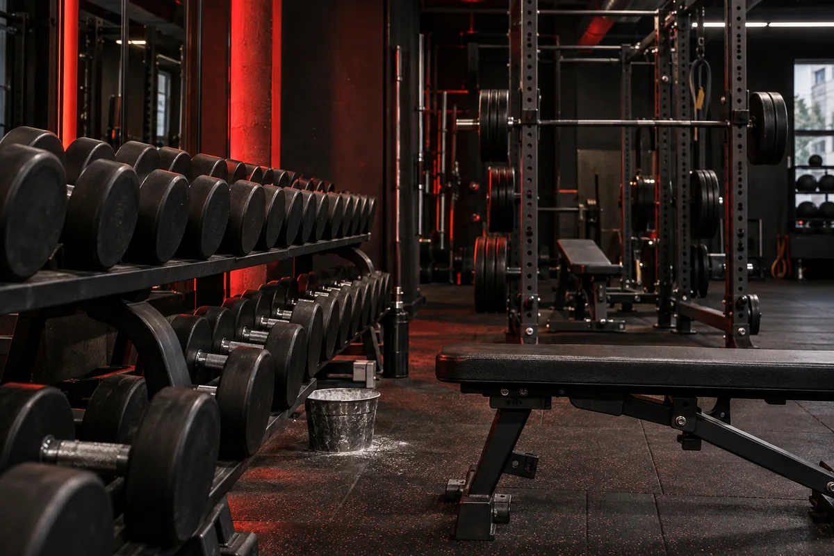 Dark training floor with dumbbells, racks and red lights